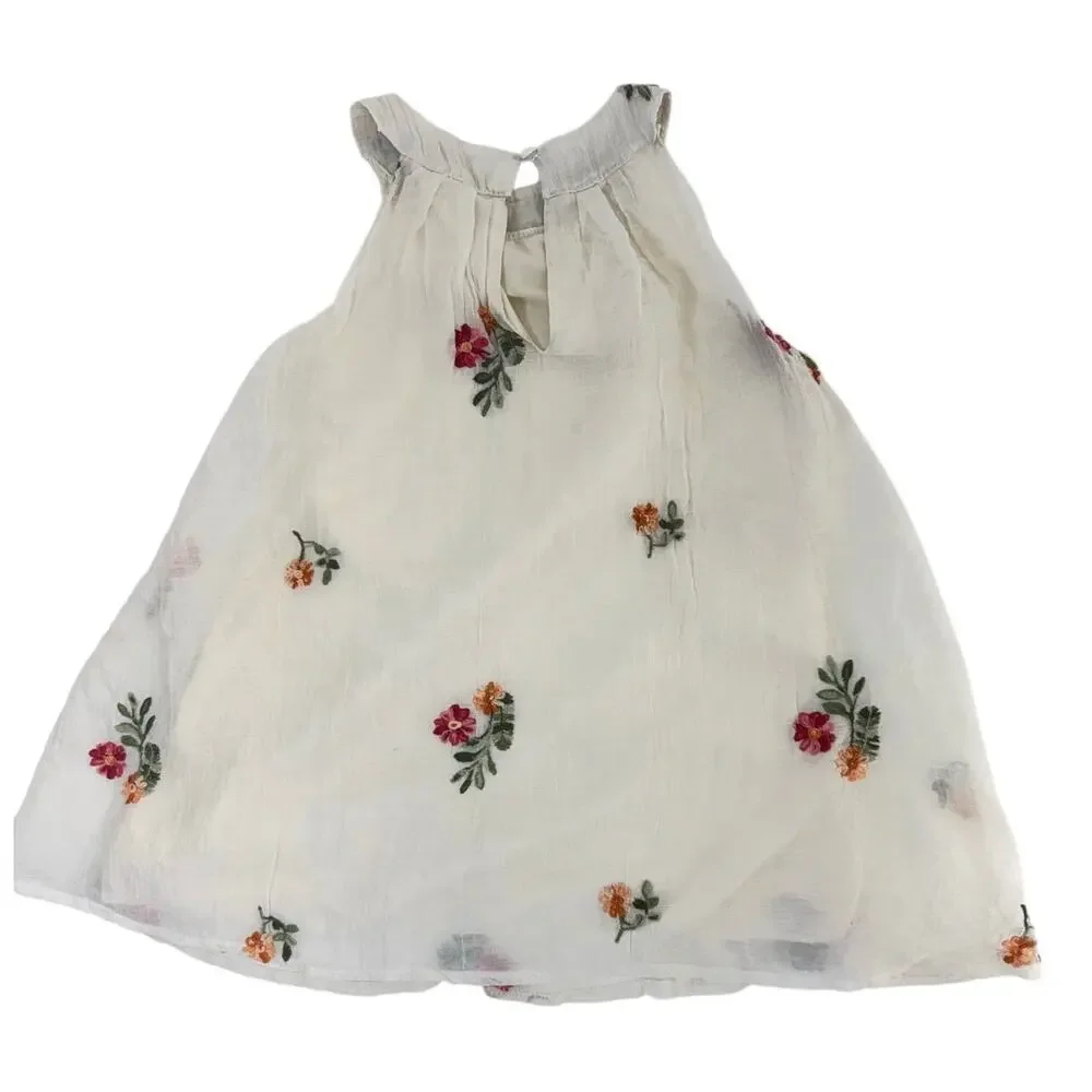 Girls Size 7 Cream Floral Embroidered Lyocell Sleeveless Dress